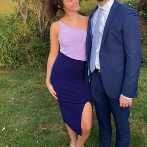 Asymmetric color block Purple and Lavender One-Shoulder Dress